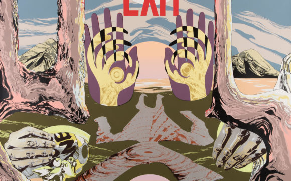 Two flat, purple hands sit beneath red text that reads "Exit".