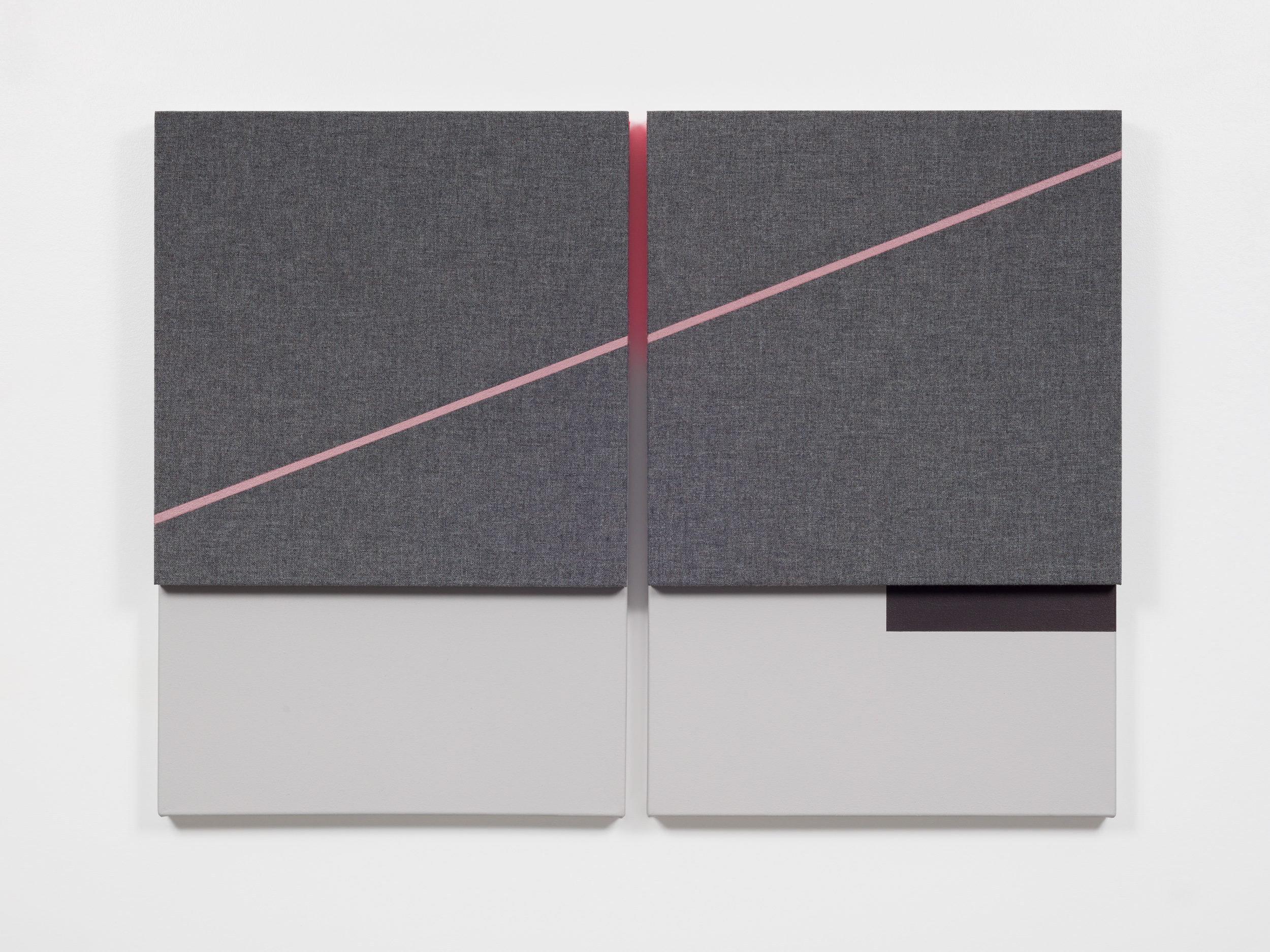 Layered squares of acoustic panel on a white wall. The top layer is gray with a diagonal pink line running across both panels.
