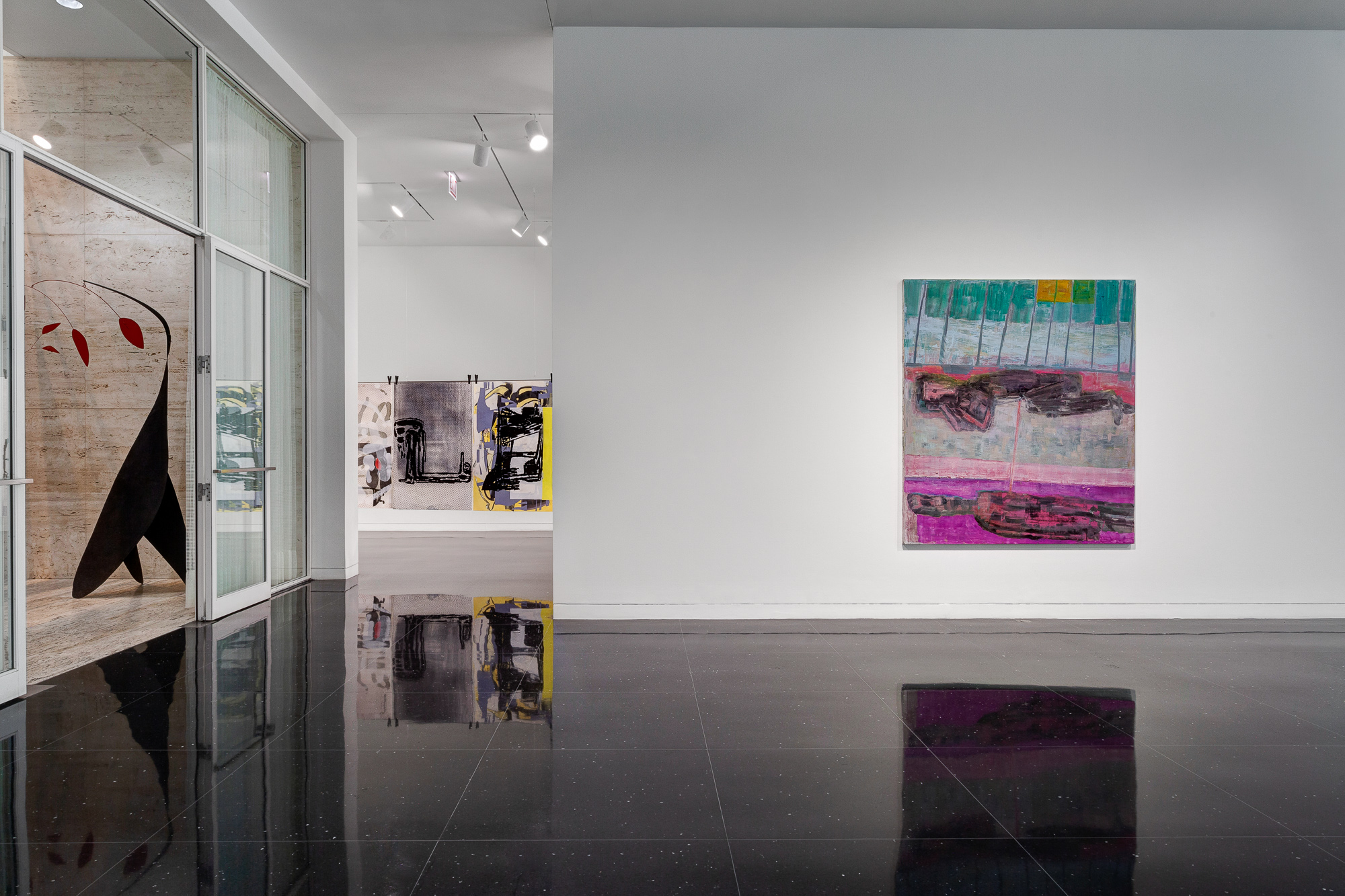 Installation view of The Arts Club's east and west galleries. One large painting is centered on the east gallery wall, and one large painting is installed on the far west gallery wall.