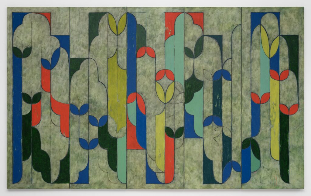 A 5-paneled screen painted in an abstract interlocking decorative pattern of aqua, green, orange, and black.