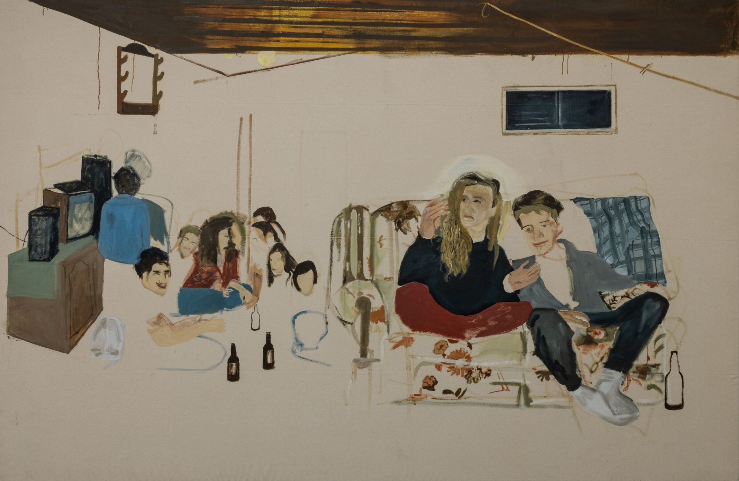 A group of teenagers in a sparsely decorated basement. Two figures sit arm-in-arm on a sofa. To the left of the seated figures are two beer bottles. There is no defined floor or wall.
