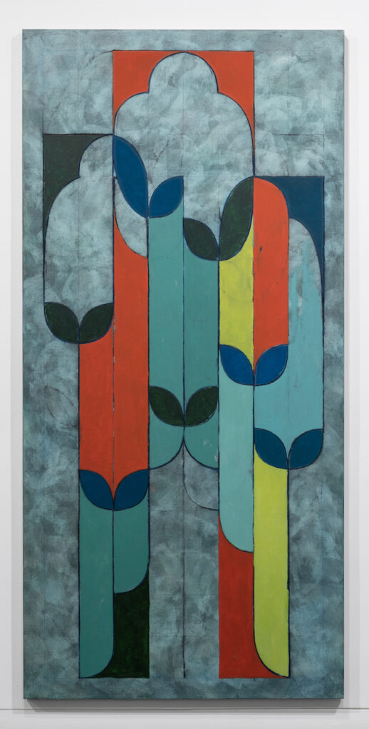 An abstract painting recalling a modern stained glass window with repeating shapes in teal, electric orange, yellow, and deep green against a gray background.