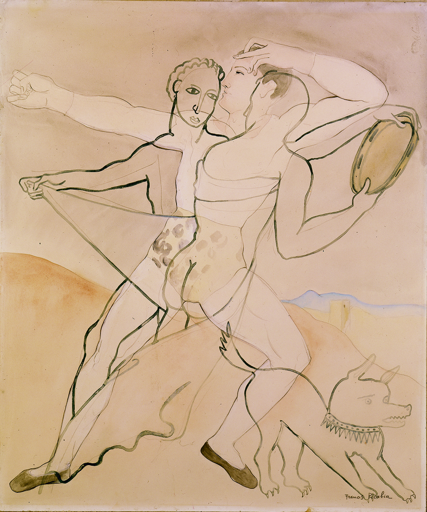 A drawing of two athletic figures captured mid-movement. In front of the figures stands a small dog.