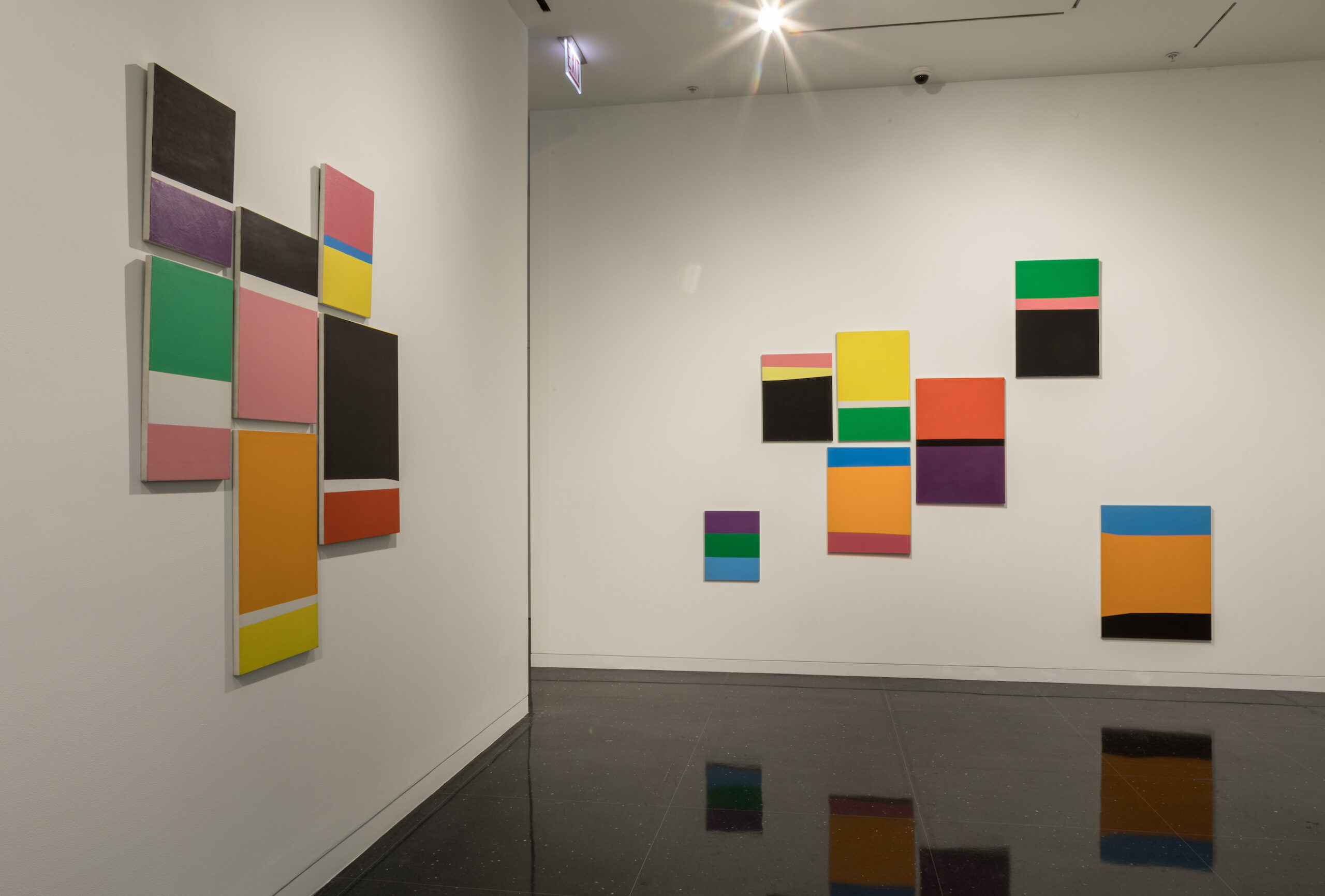 A series of variously sized colorblock paintings fill two walls.