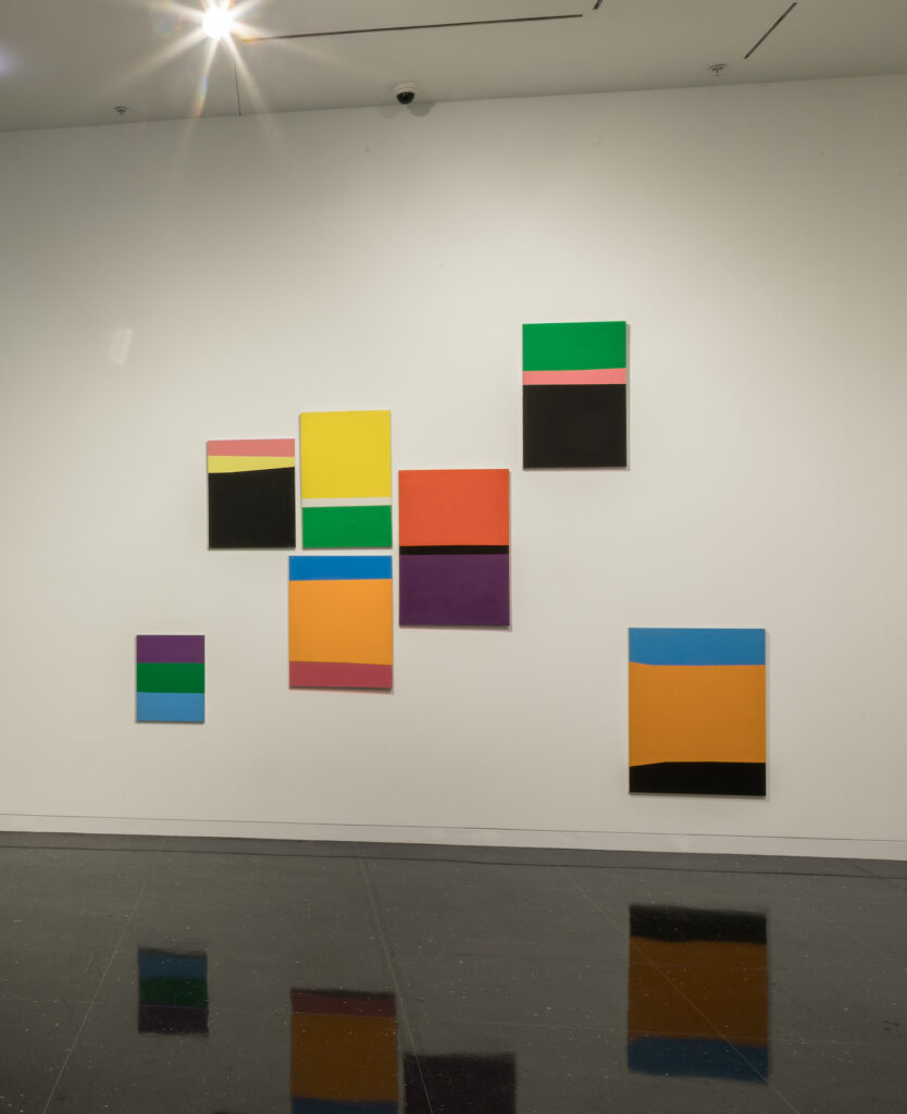 A series of variously sized colorblock paintings fill a white wall.