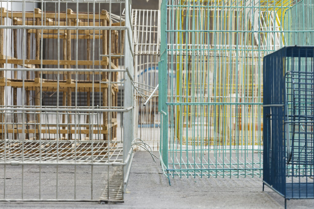 Close up of metal cages in various colors.