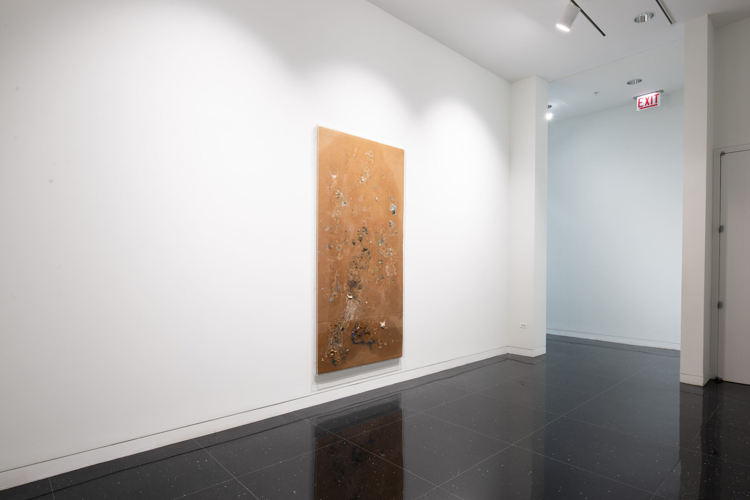A large two dimensional wall piece hangs on a freestanding, white gallery wall. The wall piece is an orange-brown color and bears marks resembling corroded metal across its surface.