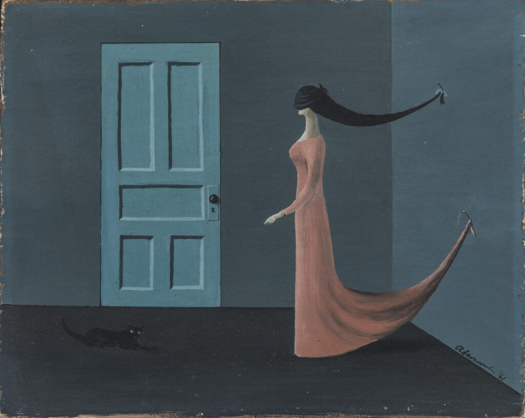 A woman in a pink dress is blindfolded. Her hair and dress are pinned to the wall. Her left hand reaches out towards a teal blue door. A black cat crouches nearby.