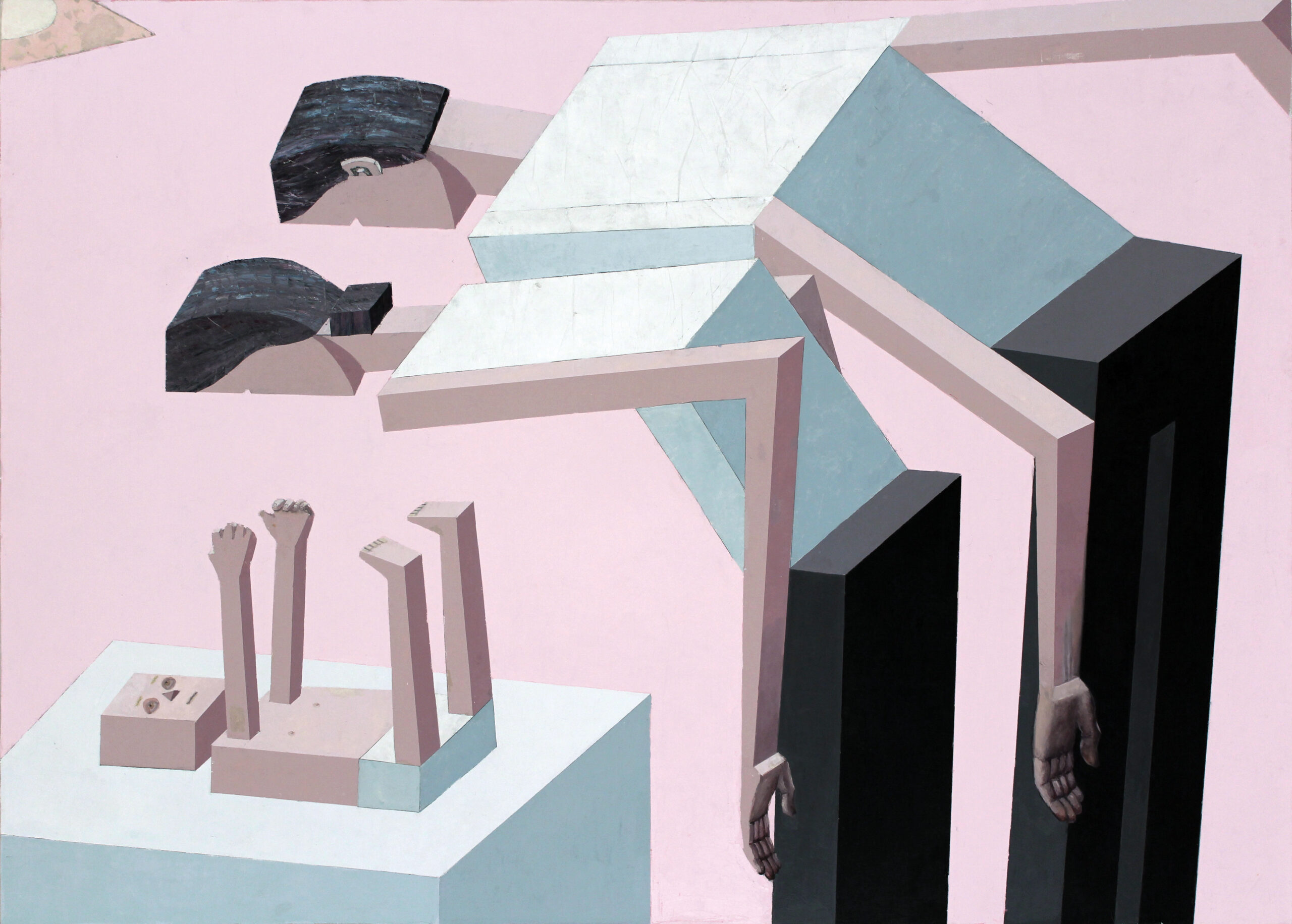 two straight-edged, boxy figures, presumably a mother and father, lean over a similarly boxy and linear baby in a diaper
